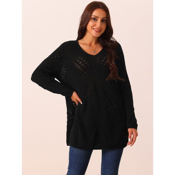 V Neck Long Sleeve Hollow Cable Knit Loose Casual Pullover Sweaters Black - Picture 2 of 5